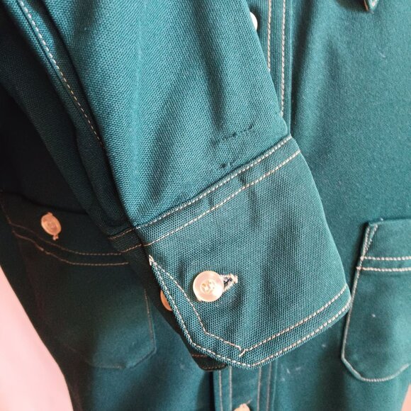 Men's Medium 16 Vintage Shirt 1970's Green Stretch Polyester Shirt Disco Collar - Picture 5 of 7